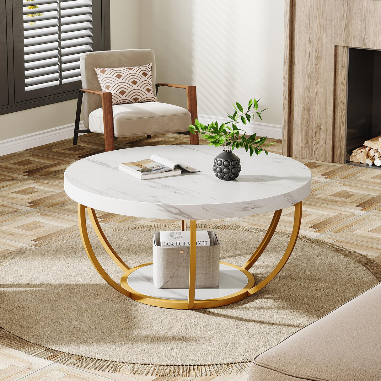 Tribesigns Modern Round Coffee Table, 2 Tier Coffee Table with Faux White Marble and Golden Metal Legs, Circle Center Table Tea Table Accent Furniture for Living Room, White and Gold Tribesigns