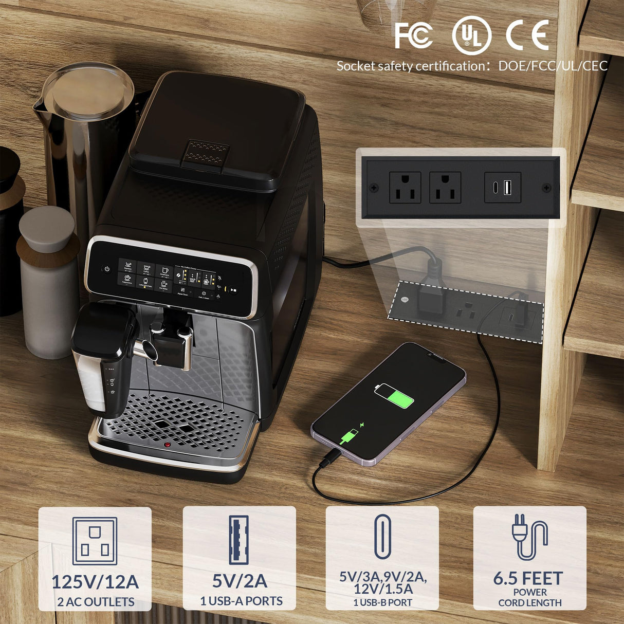 BELLEZE Coffee Wine Bar Cabinet with Power Outlet, 72" Rustic Liquor Cabinet, Tall Fluted Buffet Cabinet with Storage Kitchen Pantry Cupboard Wine& Glasses Rack Server with Hutch for Home Dining Room, BELLEZE