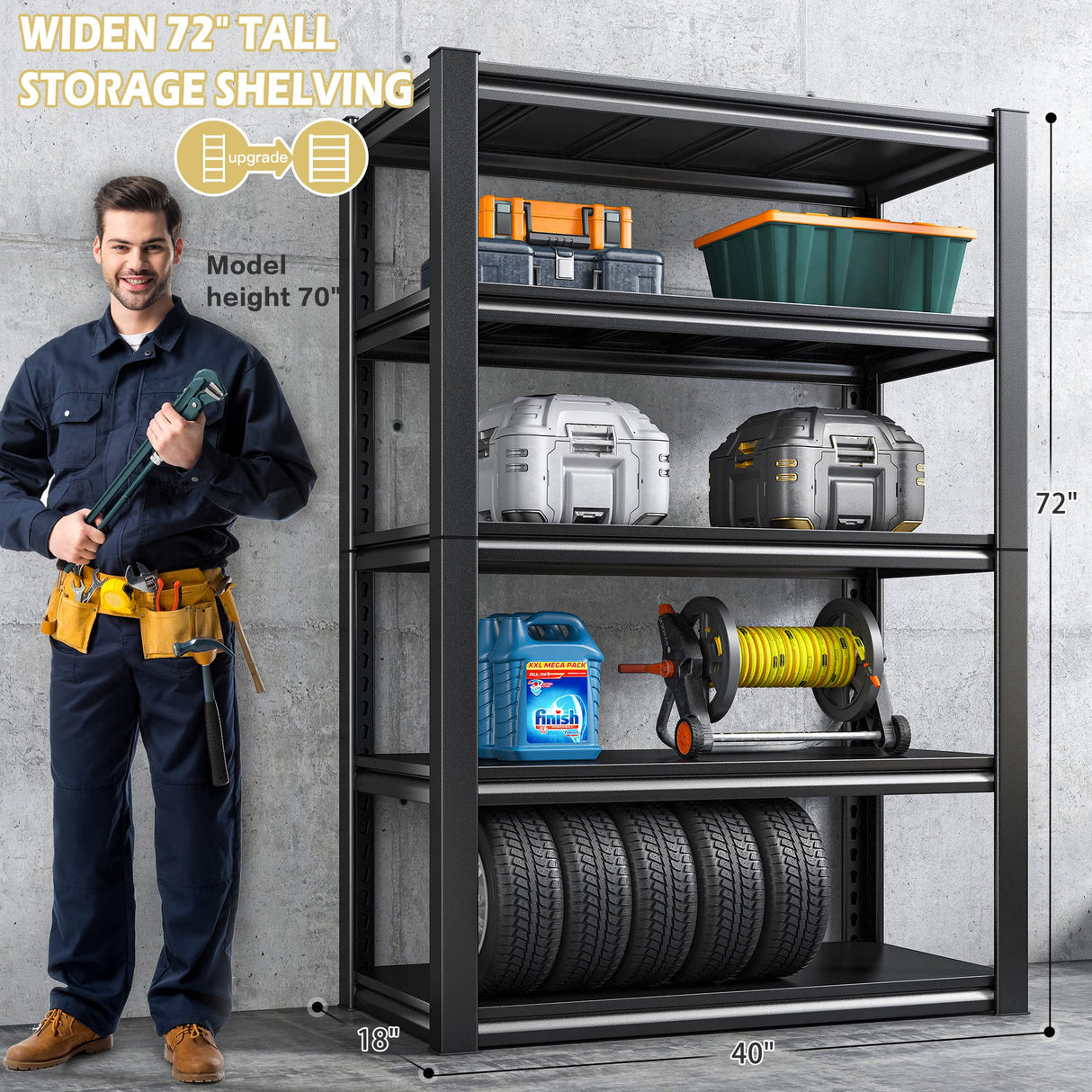 REIBII Garage Shelving Heavy Duty 2500LBS Storage Shelves 40" W Garage Shelves Heavy Duty Shelving Metal Shelves for Warehouse, Basement, Pantry, 40" W x 17.7" D x 72.2" H, 2Pack REIBII