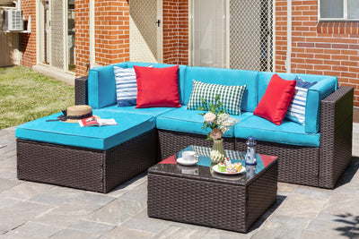 Vongrasig 5 Piece Furniture Sets, All-Weather Brown PE Wicker Outdoor Couch Sectional Small Patio Conversation Garden Sofa Set w/Ottoman, Glass Table, Blue