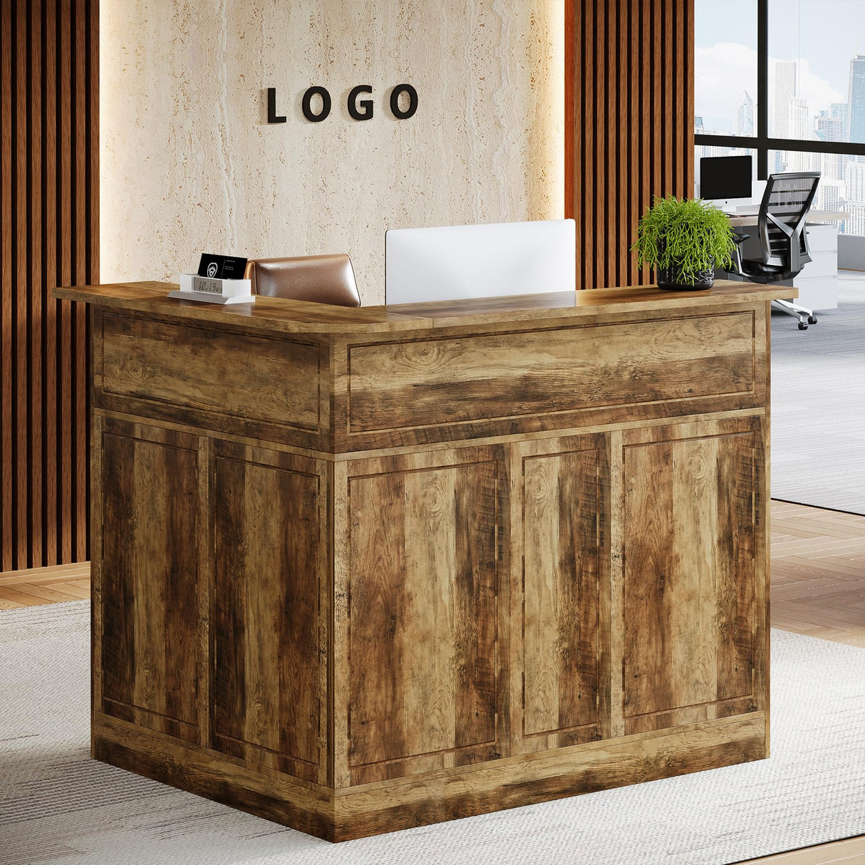 Tribesigns Reception Desk with Storage Shelves, L-Shaped Modern Front Desk, Reception Counter Table for Small Office, Salon, Checkout Office (Brown) Tribesigns