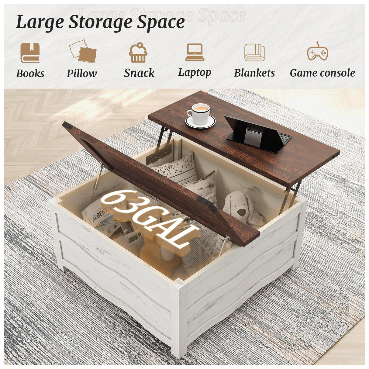 Cozyman 35.6" Lift Top Coffee Table with Storage, Farmhouse Coffee Table for Living Room with Large Hidden Storage Compartment, Wood Square Center Coffee Tables with Flexible Hinged Lift Top, White Cozyman