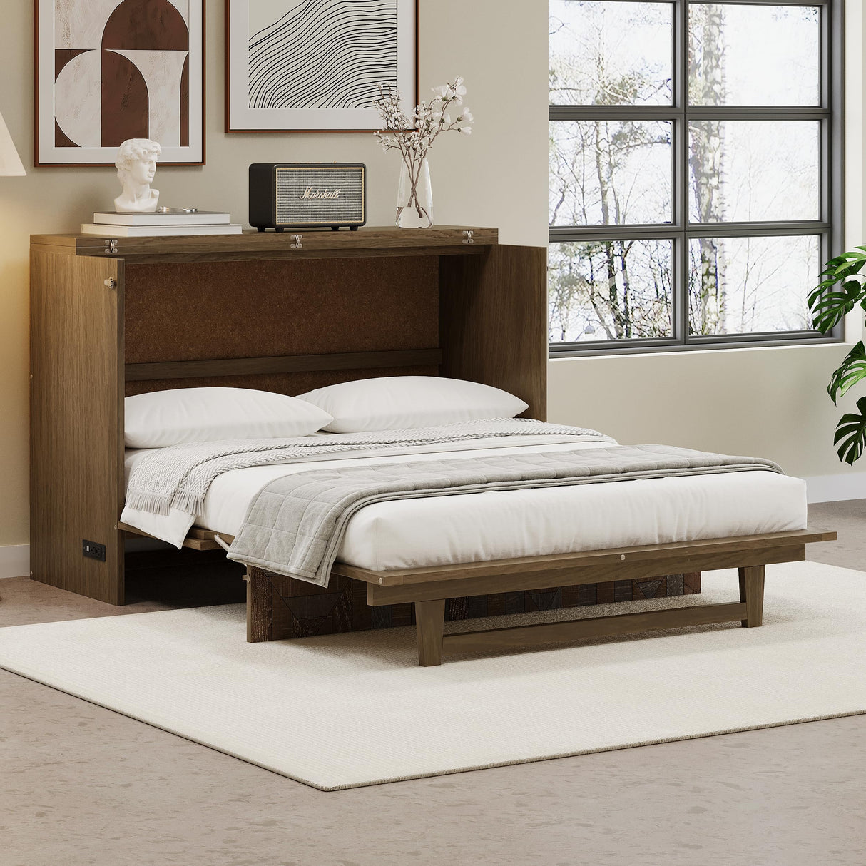 VilroCaz Murphy Bed Cabinet with Charging Station and Large Storage Drawer - Queen Size Foldable Bed for Home Office or Small Room VilroCaz