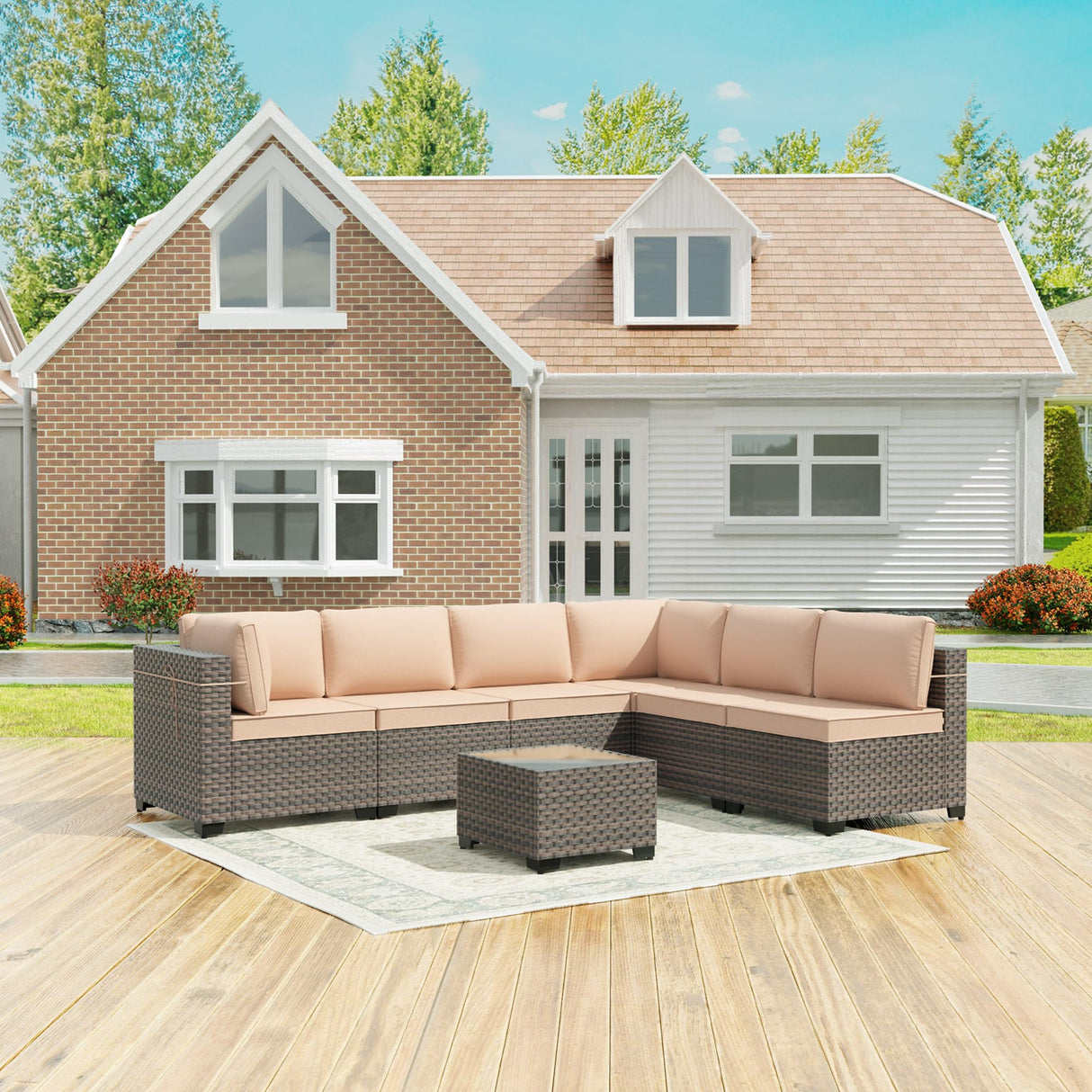 Halmuz 7 Piece Patio Furniture Set Outdoor Conversation Sofa Set, High Back Wide PE Rattan Wicker Sectional Furniture Patio Sofa w/Tempered Glass Top Table&Thickened Cushions(Sand) Halmuz