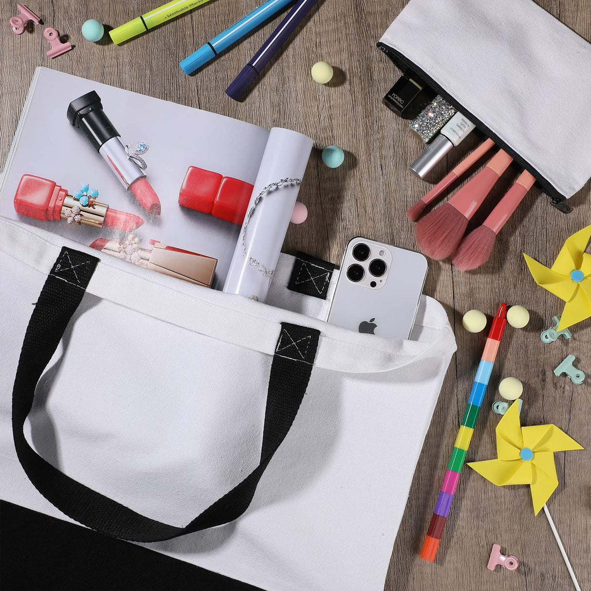 16 Pieces Canvas Tote Bag and Makeup Bag Blank Plain Canvas Bag Large Reusable Grocery Bags Shopping Cloth Bags with Handles DIY Craft Bag Canvas Pencil Case with Zipper Cosmetic Bag School Supplies Reginary