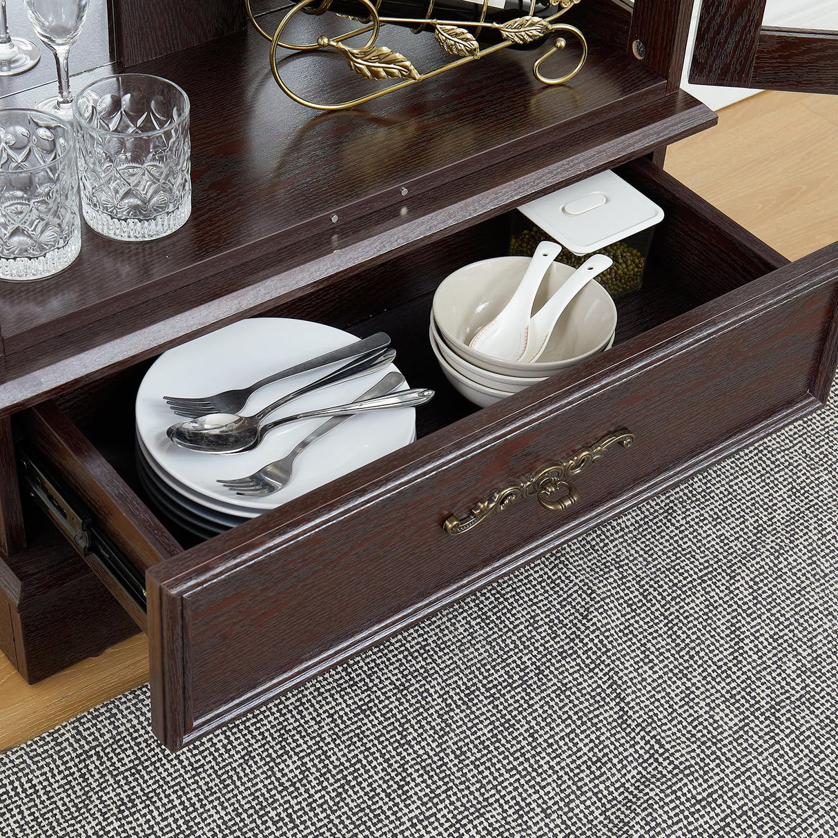 Lighted Glass Cabinet Curio Display Cabinet with Adjustable Glass Shelves 2 Doors and 1 Drawer Farmhouse Buffet Sideboard, Bulb Included, Brown Bituman