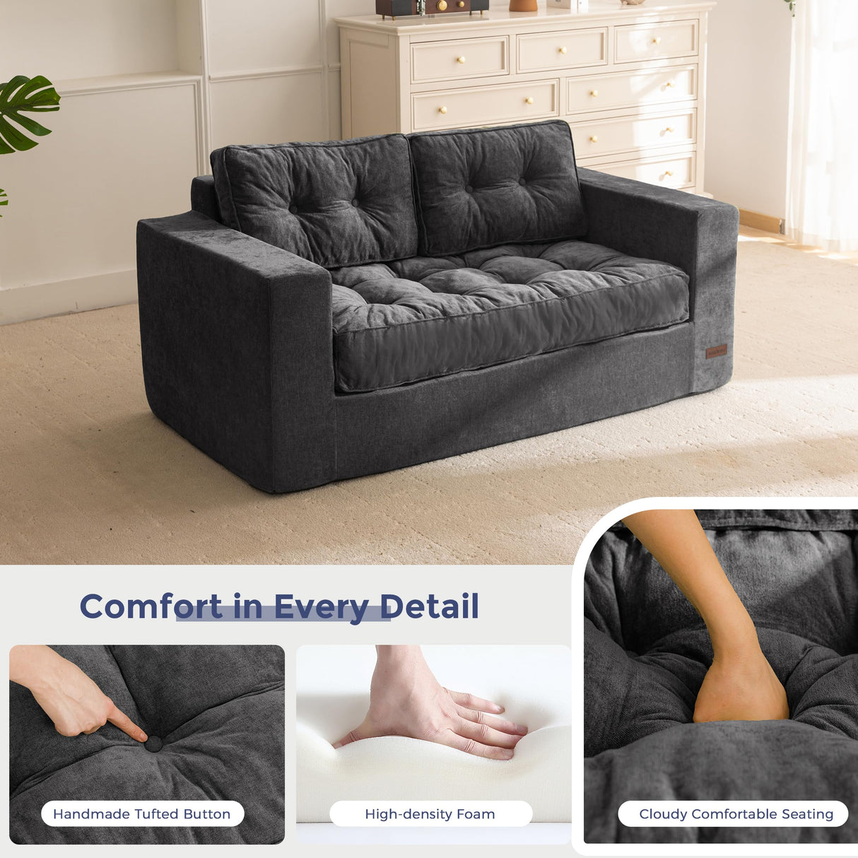 MAXYOYO Boneless Sofa Couch, Loveseat Sofa for Small Space, Tufted 2-Seater Floor Couch Bean Bag Chair for Living Room Bedroom Apartment, Sofa in a Box, No Assembly Needed, Dark Grey MAXYOYO