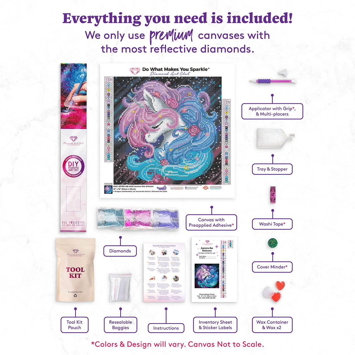 DIAMOND ART CLUB Aurora The Unicorn Diamond Painting Kit, Fantasy Diamond Canvas, Round 5D Diamond Art Kits for Adults and All Ages, 13" x 13" (33 x 33 cm) DIAMOND ART CLUB