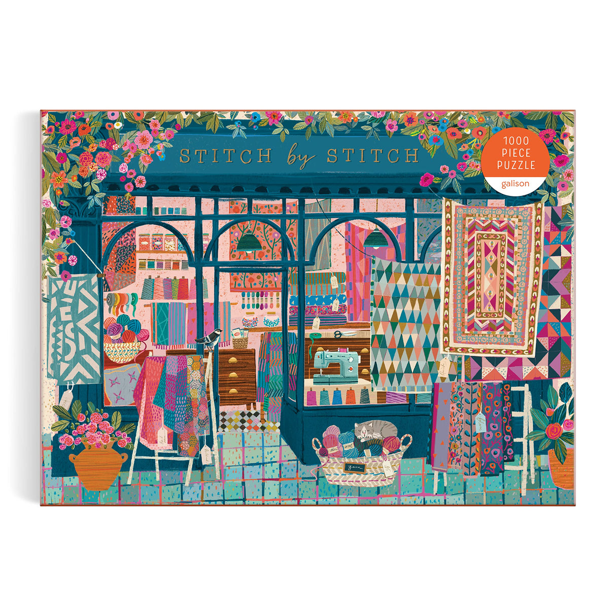 Galison Stitch by Stitch – 1000 Piece Puzzle Fun and Challenging Activity with Bright and Bold Quilting and Crafting Themed Storefront Artwork for Adults and Families Galison