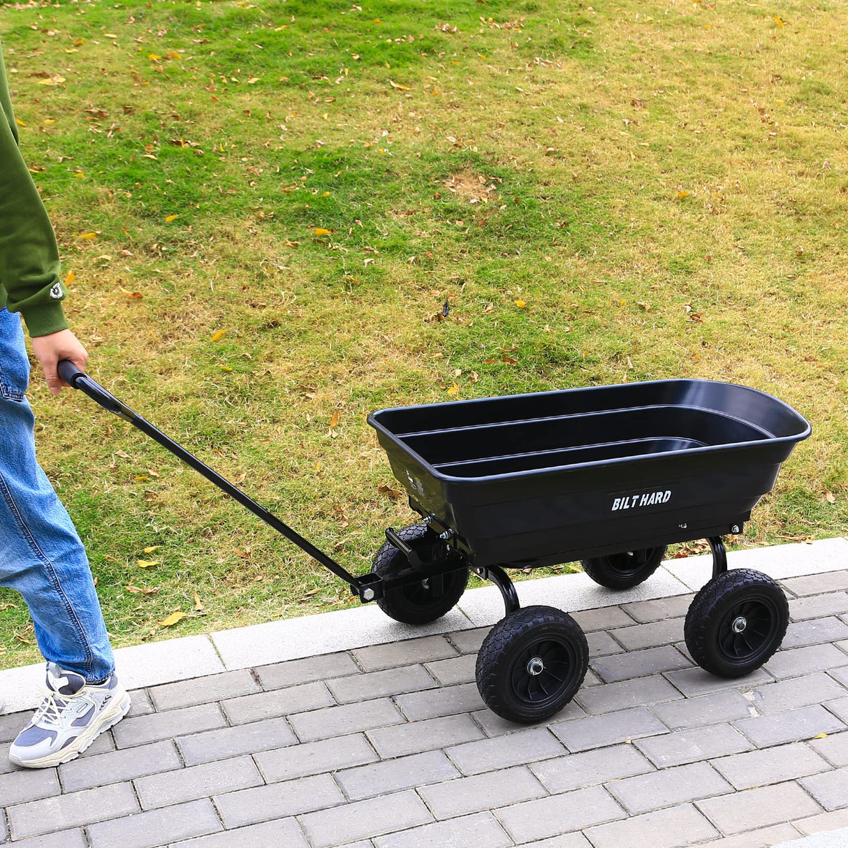 BILT HARD 4 Cu.Ft. 10" No-Flat Tires Poly Yard Dump Cart with 180° Rotating Handle, 600 lbs Capacity Heavy Duty Garden Carts and Wagons BILT HARD