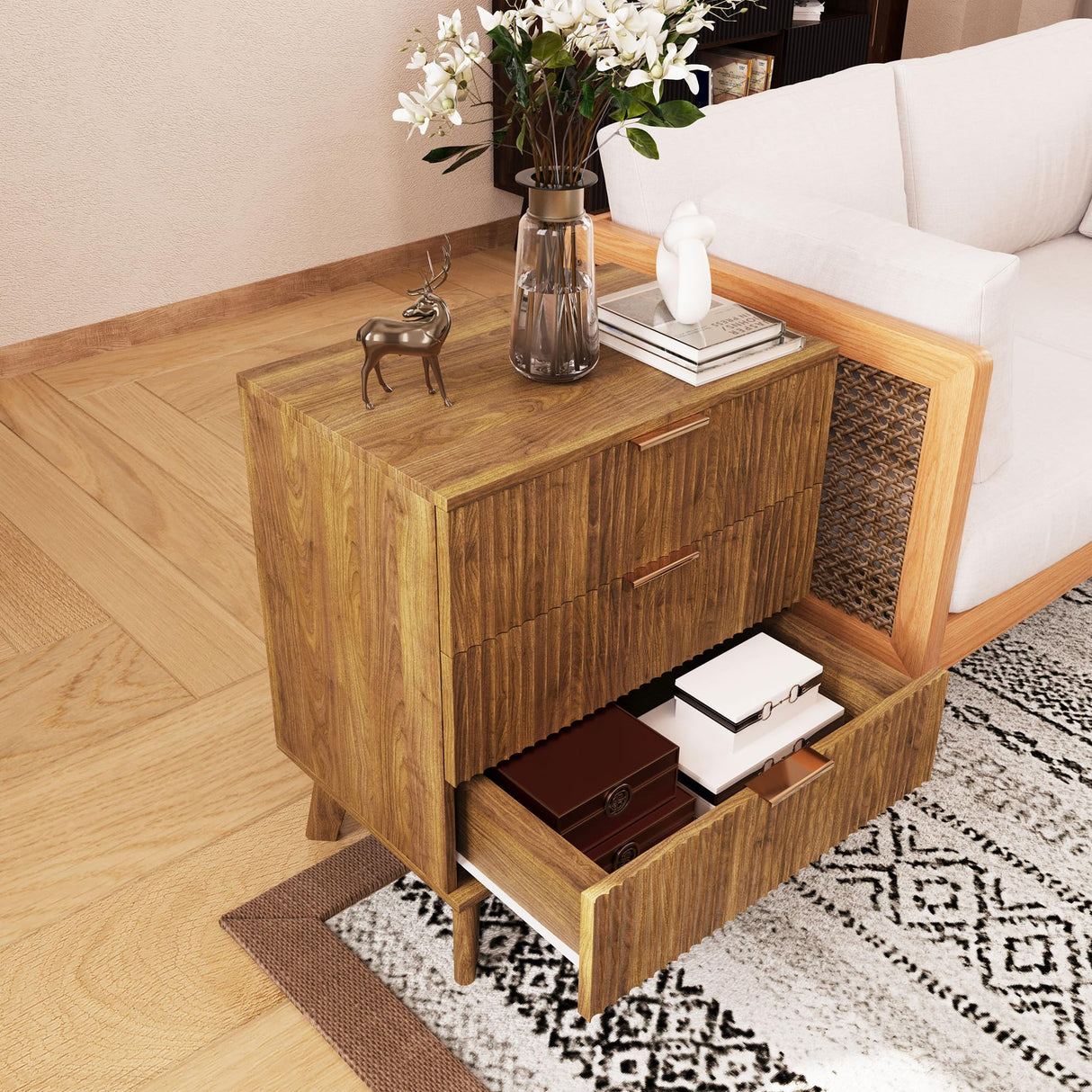 Mid-Century 3 Drawers Bedside Table Cabinet, Modern Nightstand with 3 Drawer and Solid Wood Legs, Contemporary 3-Drawer Nightstand, Mid Century Nightstand with 3 Storage Drawer for Bedroom (Walnut) affeivul