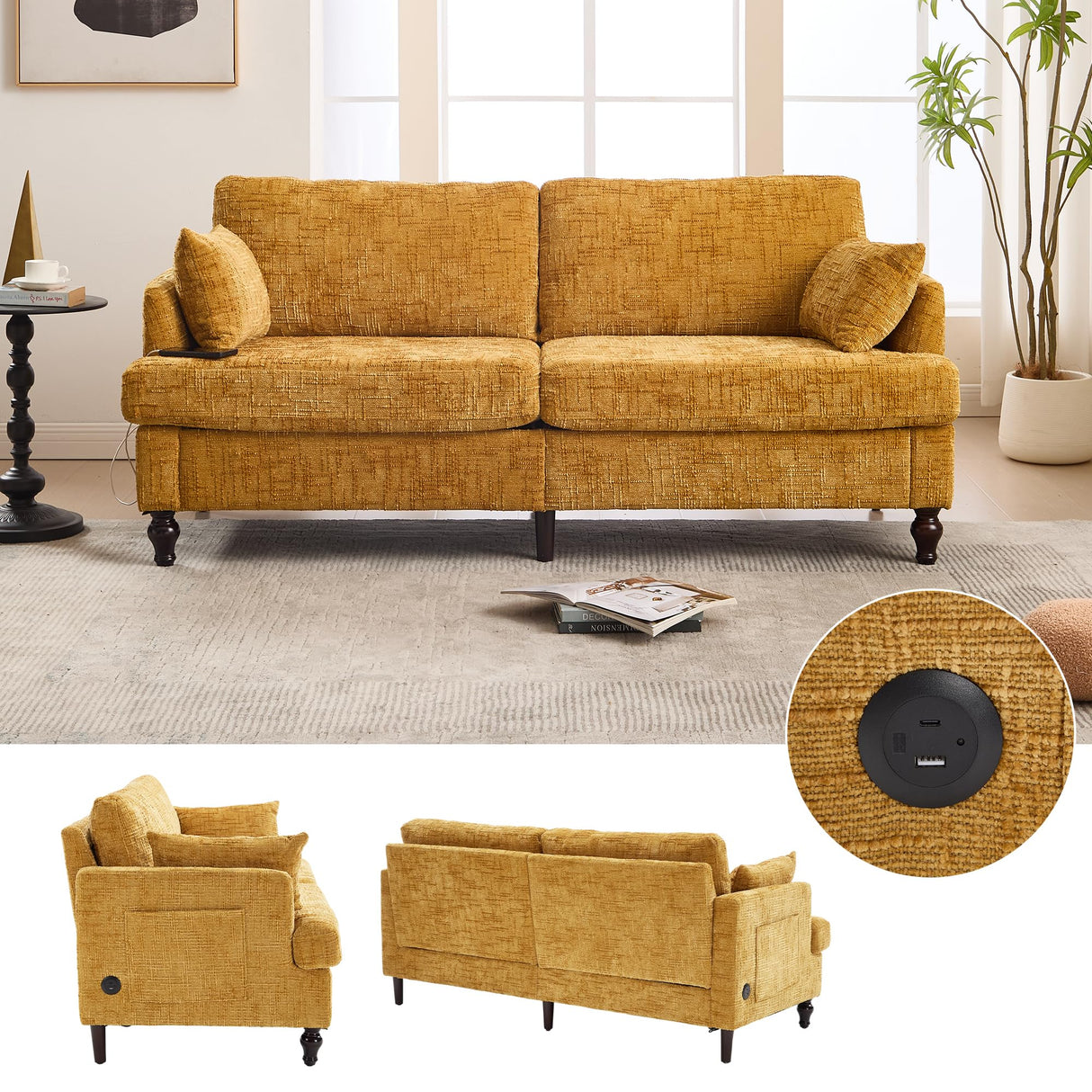 KEIKI Modern Style Chenille 2-Seater Wood-Legged Sofa with LED Light, USB Charging Port and Storage Bag Living Room Bedroom Study Room, Mustard Yellow KEIKI
