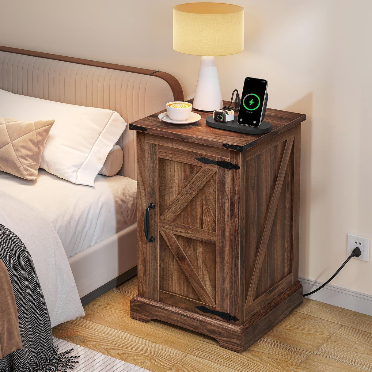 YITAHOME Farmhouse End Table Living Room, Side Table with Charging Station & Adjustable Storage Shelf, Nightstand Bedside Table Coffee Table for Bedroom, Living Room, Walnut YITAHOME