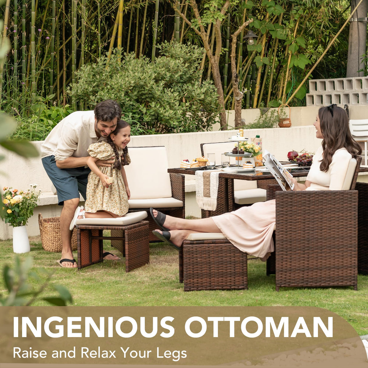 Devoko 9 Pieces Patio Dining Sets Outdoor Space Saving Rattan Chairs with Glass Table Patio Furniture Sets Cushioned Seating and Back Sectional Conversation Set (Beige) Devoko