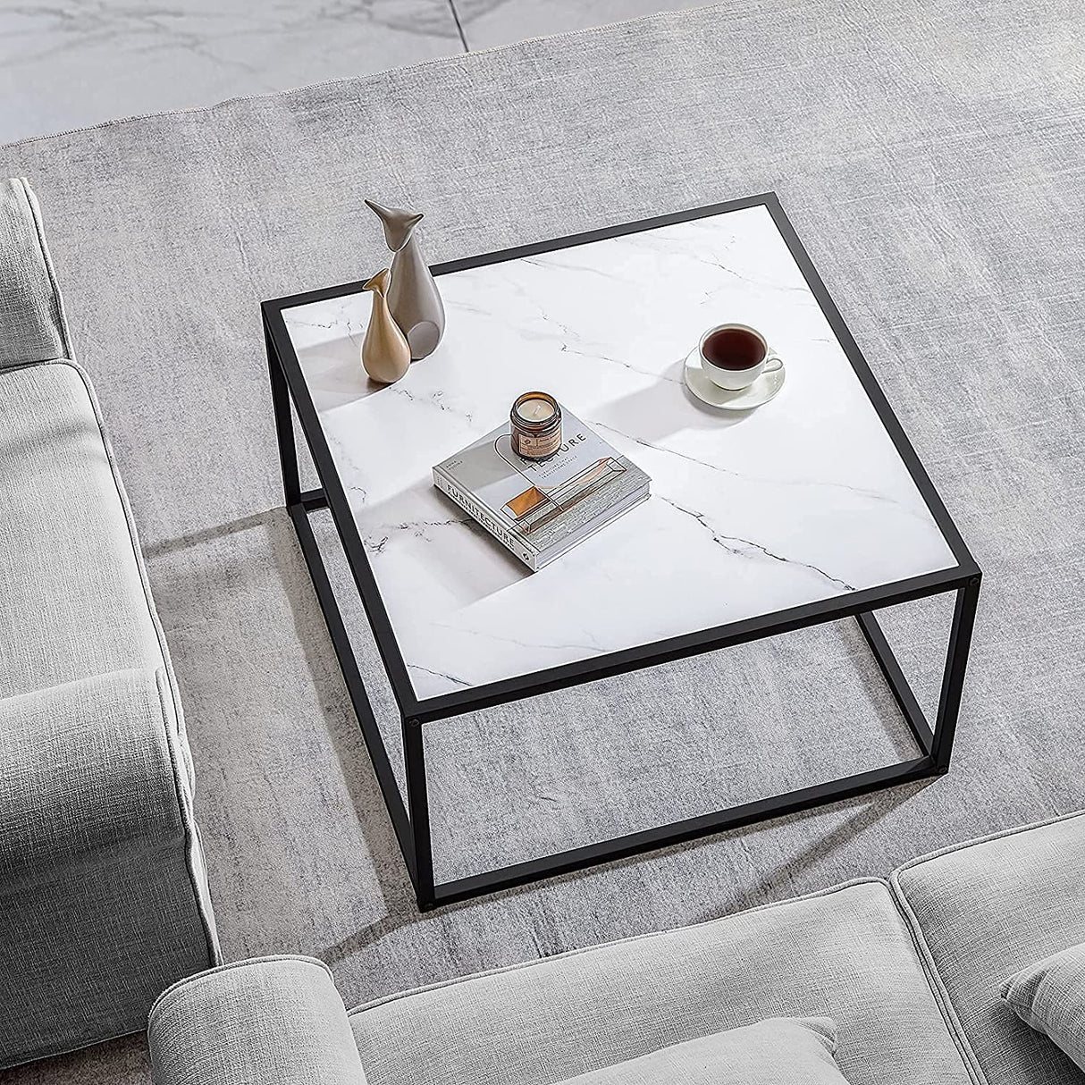 SAYGOER White Coffee Table,Small Square Coffee Table,Modern Center Table for Living Room Office 27.6 * 27.6 * 15.7 Inch, Easy Assembly, White Faux Marble Top SAYGOER