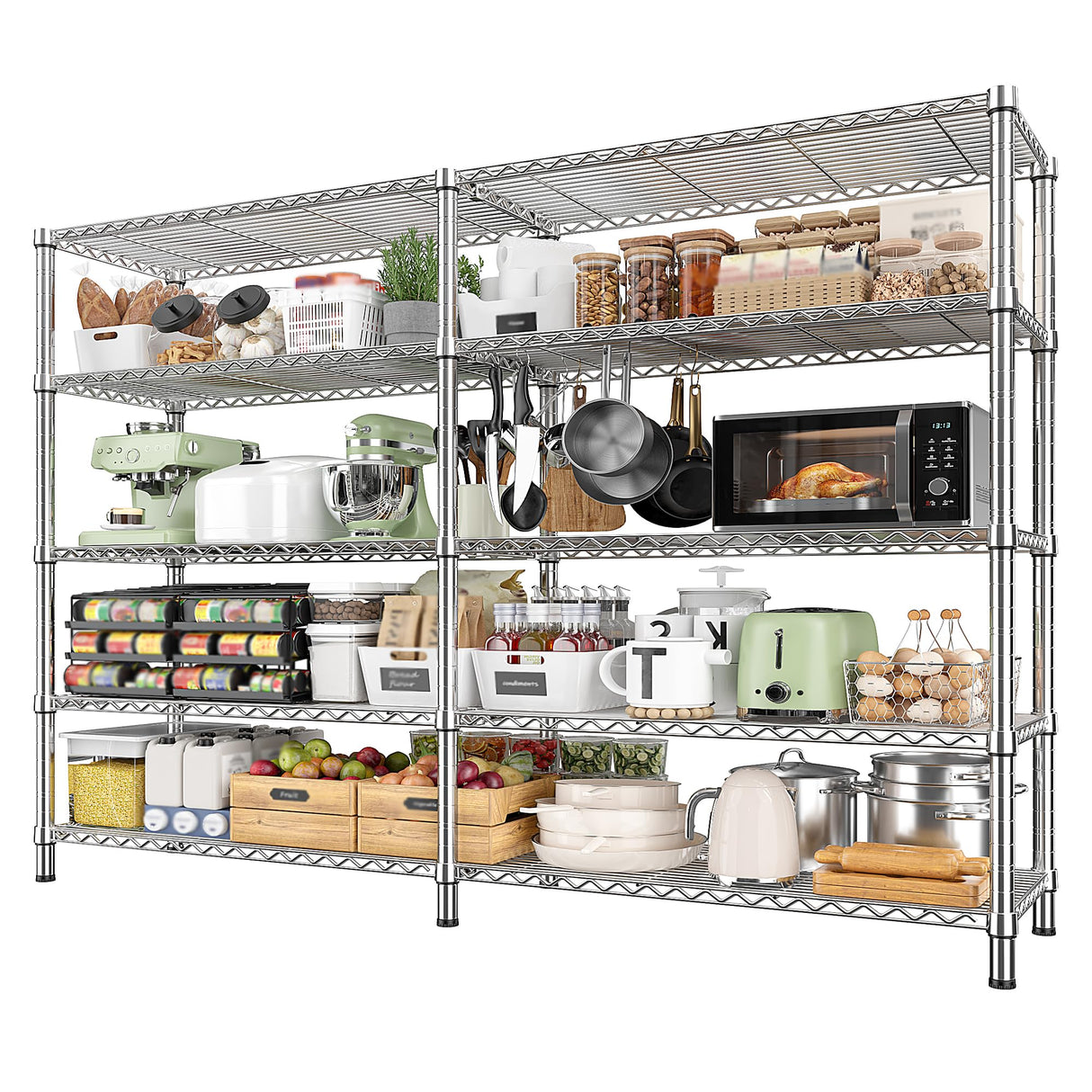 REIBII 1500LBS Storage Shelves 61.7''W Wire Shelving Unit 5 Tier Metal Shelving for Storage Rack Shelves Heavy Duty Garage Shelf Pantry Shelves Kitchen Shelving, 61.7" W*72.4" H*15.8" D, Chrome REIBII