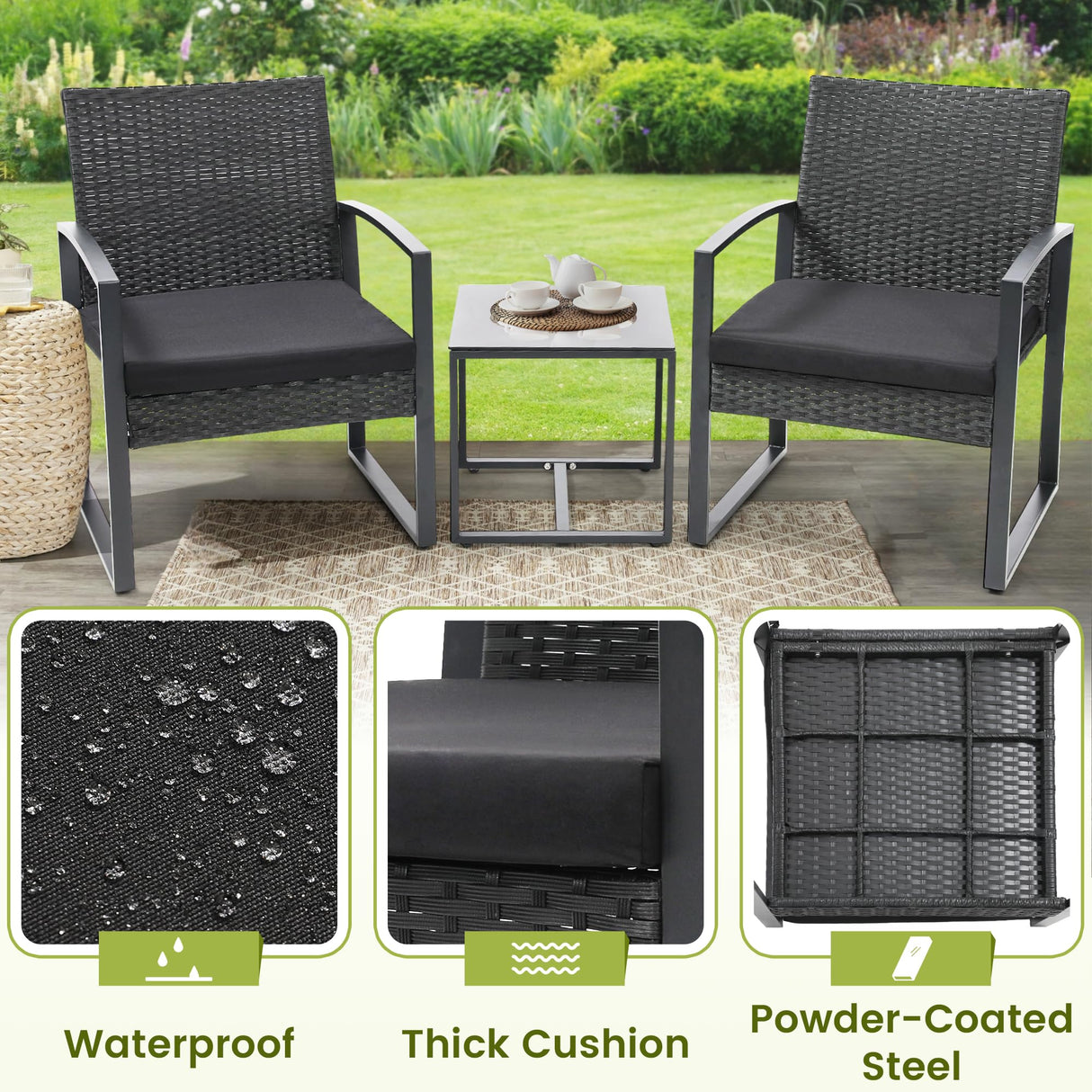 Murago 3 Piece Wicker Patio Bistro Set, Rattan Conversation Set with Coffee Table, for Balcony, Porch, Garden, Yard, Poolside, Black Frame with Black Cushion Murago
