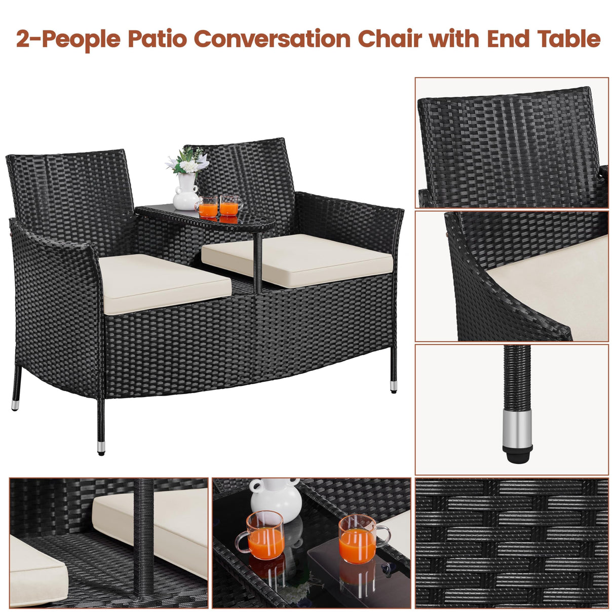 Yaheetech Patio Loveseat, Outdoor Wicker Double Chair w/Side Table, PE Rattan Furniture Set for Two People, Love Seat w/2 Removable Cushions & 1 Tempered Glass Side Table, Black/Beige Yaheetech