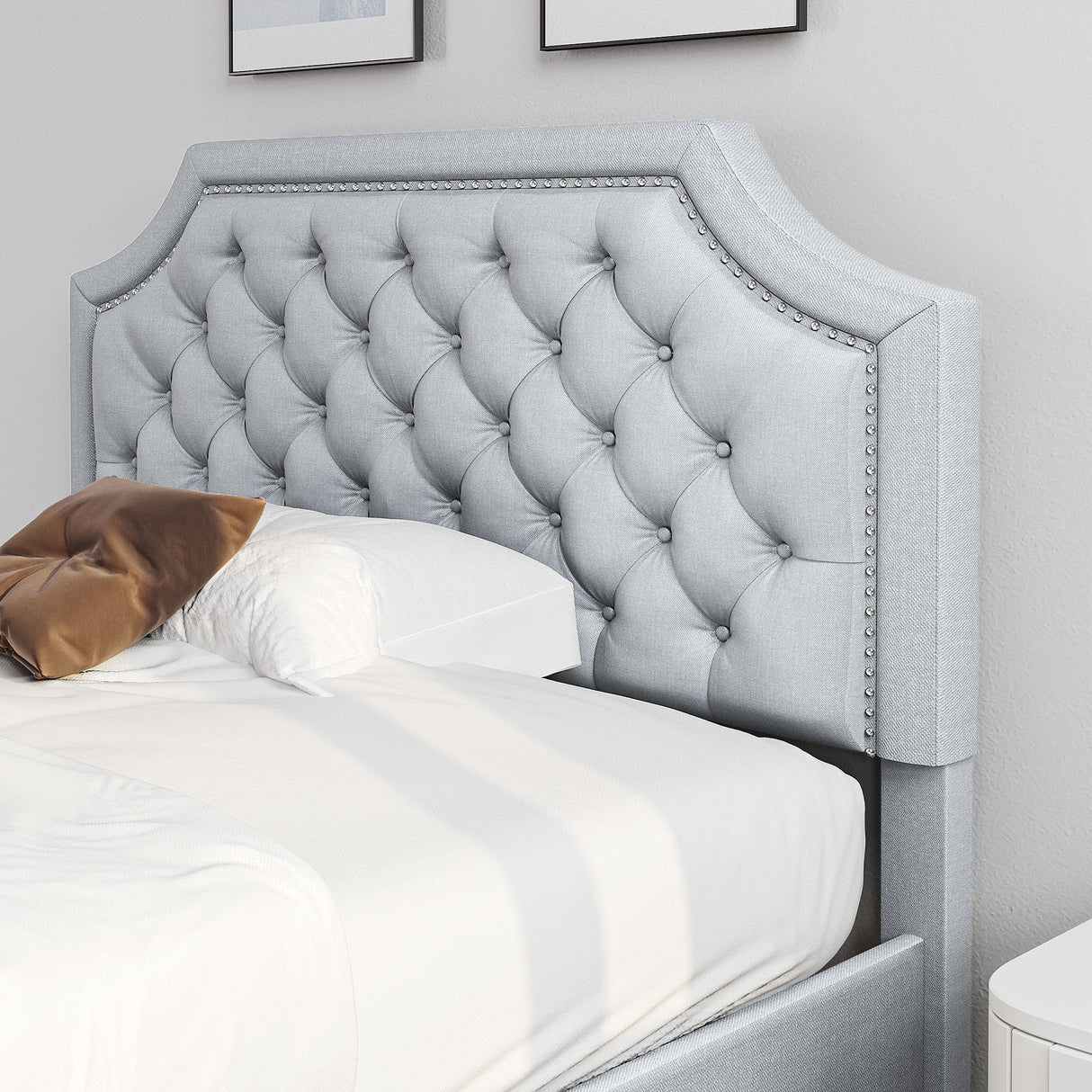 DWVO Full Bed Frame with Headboard, Grey Linen Upholstered Platform Bed Frame with Adjustable Nail Headboard, 12'' Under-Bed Storage Low Profile Bed Frame No Box Spring Needed Hold up to 800lbs DWVO