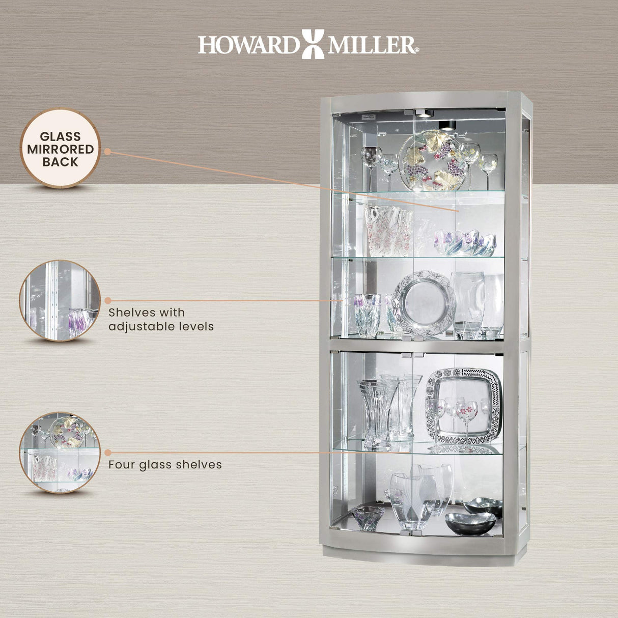 Howard Miller Bradington II Curio Cabinet II, Illuminate Storage Cabinets - Metal Pad Lock with Halogen Lights - Silver Finishing Best for Decorative Items, Living Room, Office & Home Decor Howard Miller