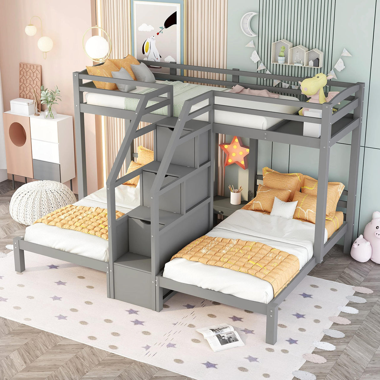 Harper & Bright Designs Triple Bunk Bed with Stairs, Twin Bunk Beds for 3, Wooden Bunk Bed with Built-in Staircase and Little Drawer for Kids Teens Adults, Gray Harper & Bright Designs