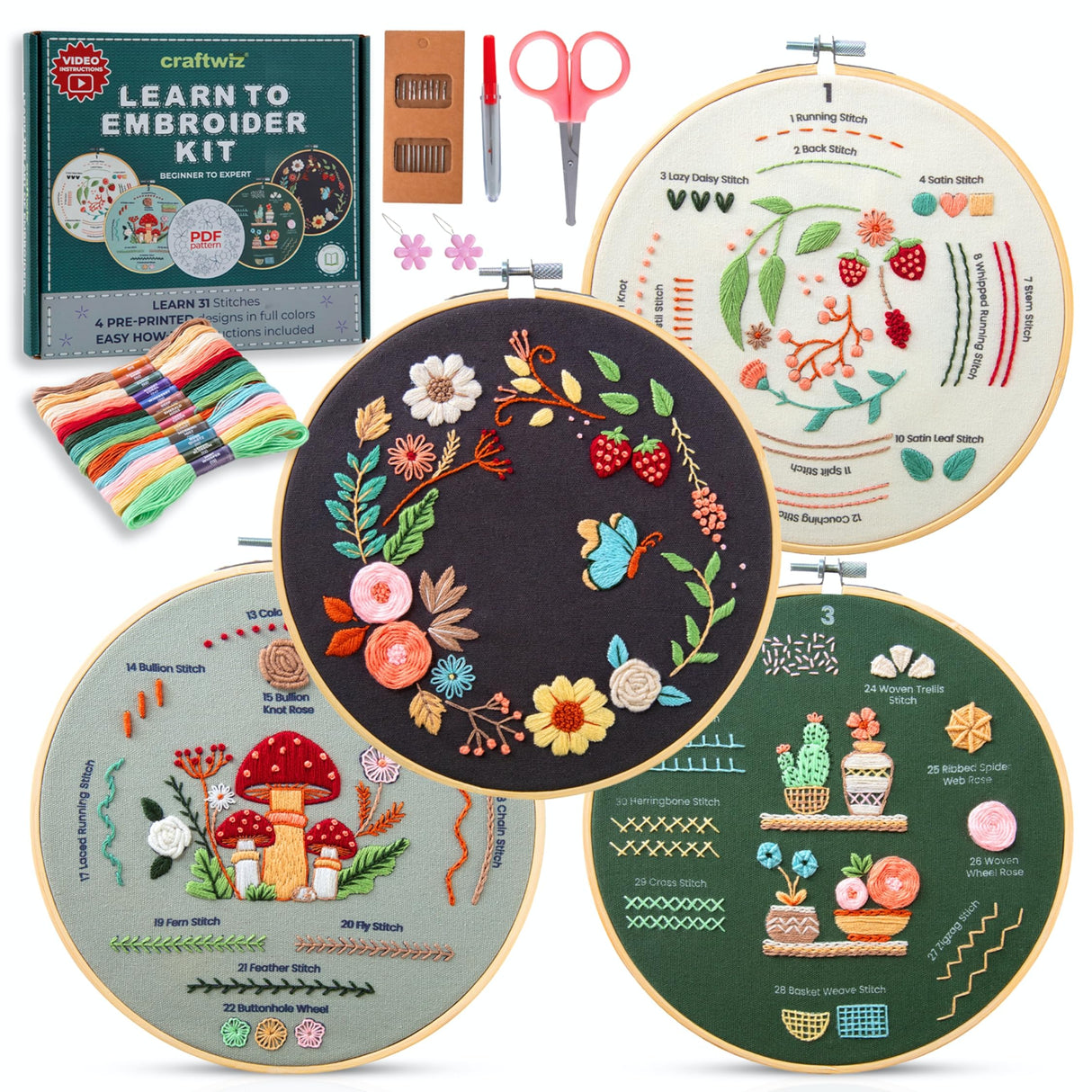 Craftwiz 4-Piece Starter Embroidery Kit for Beginners with Simple Patterns, Learn to Embroider 31 Stitches with Hand Embroidery Kit Craftwiz