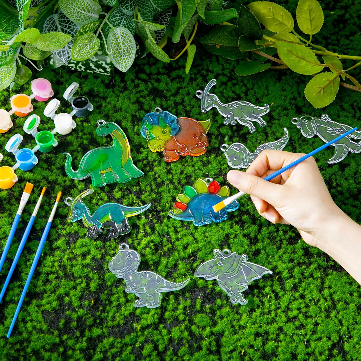 Cholemy 24 Sets Dinosaurs Sun Catcher Kit Include Suncatcher Craft with Paints Suction Cups Fishing Thread, Dinosaurs DIY Window Art Kit Paintable Suncatchers Decorations for Gifts Cholemy