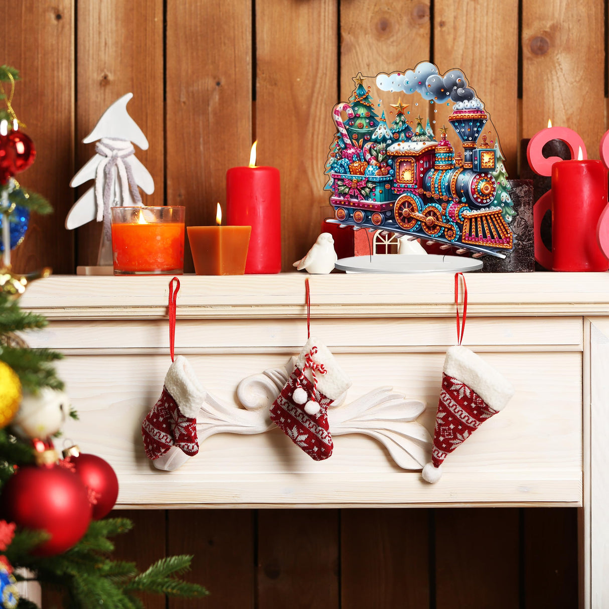 JJFox DIY Tabletop Diamond Art Painting Kit,Special Shaped Rhinestone Desk Placement Ornament,Home Stand Up Gem Painting Craft Kit,Gift. (Christmas Train-1) JJFox