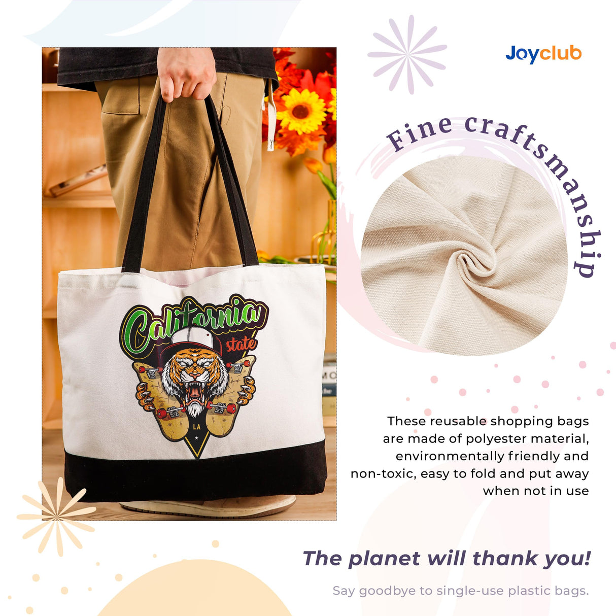 Joyclub 10 Pack Large Canvas Tote Bags Bulk Sublimation Blanks with Long Handle 18.5 x 15 x 4 inch Polyester Bags Wide Reusable Grocery for DIY Decorating Crafting Painting Shopping Joyclub