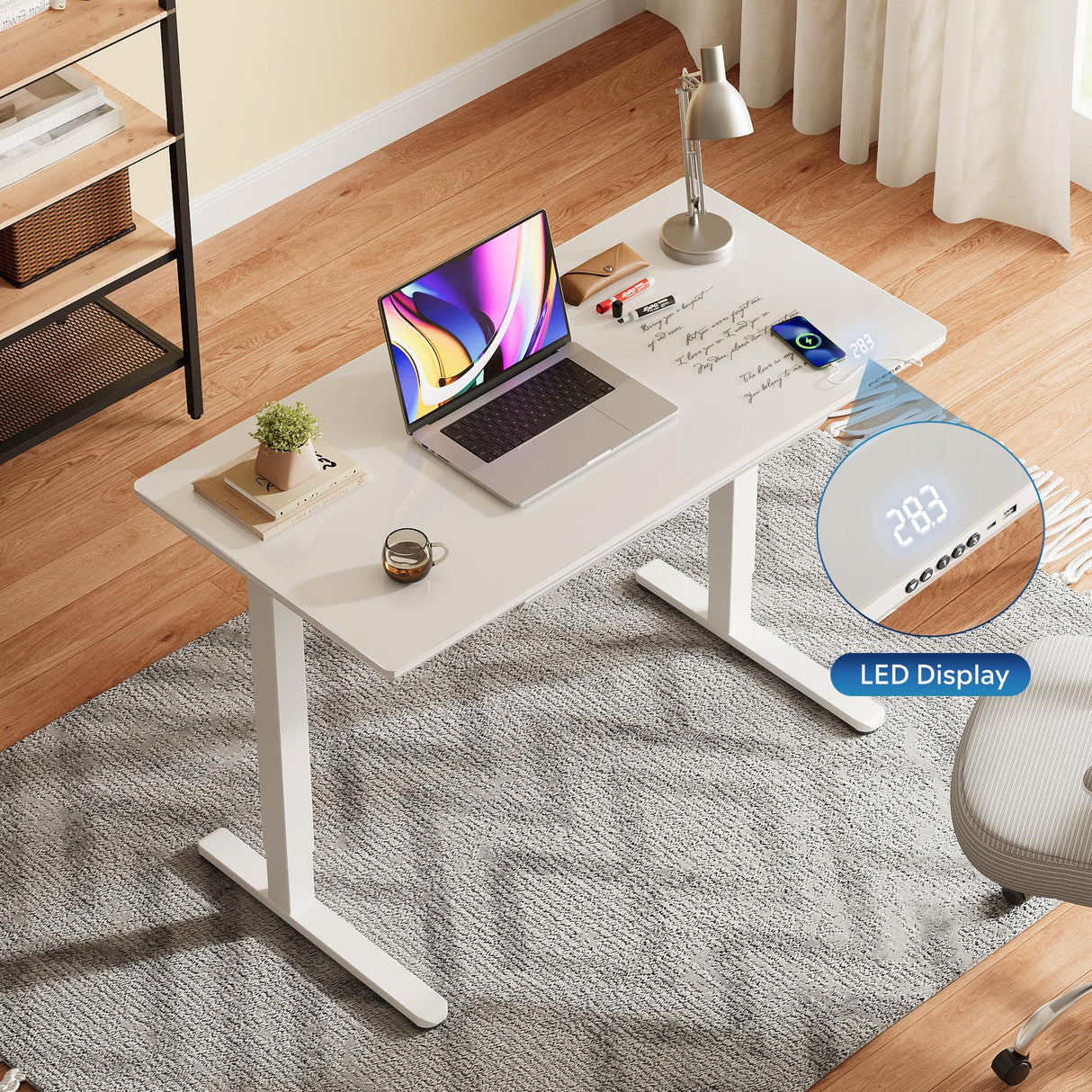 DEVAISE Standing Desk with Drawers, Whole-Piece Glass Adjustable Height Desk, 48 Inch Electric Stand Up Desk, Quick Install, White DEVAISE