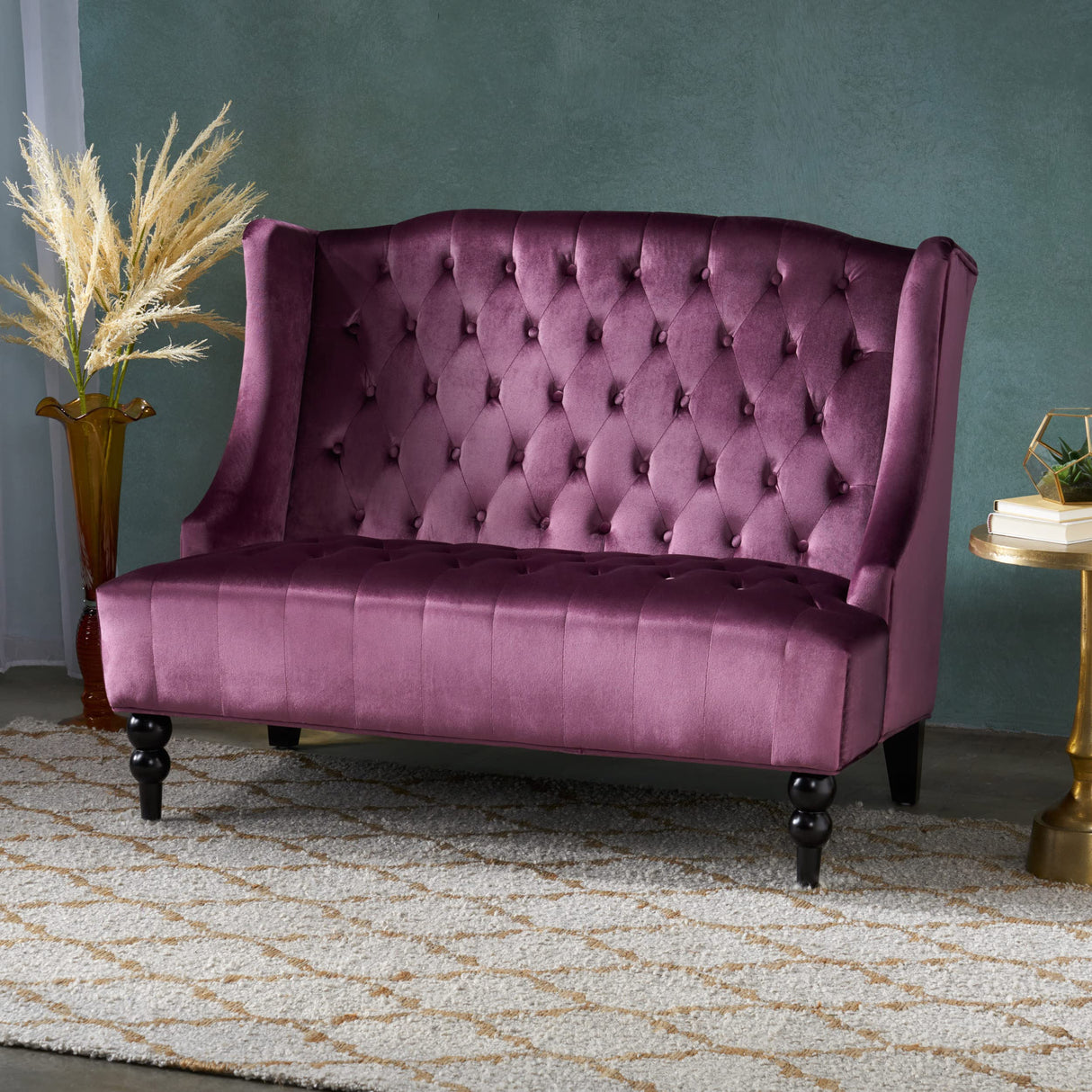 Christopher Knight Home GDFStudio Leona Modern Glam Tufted Velvet Wingback Loveseat, Raisin and Dark Brown GDFStudio