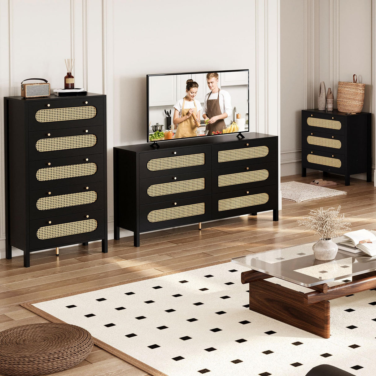 DWVO 47" Tall Natural Rattan Buffet Sideboard Cabinet 5 Drawer Boho Dresser Chest of Drawers with Golden Handles, Wood Dresser Storage Cabinet for Hallway, Entryway, Hold up to 300lbs, Black DWVO