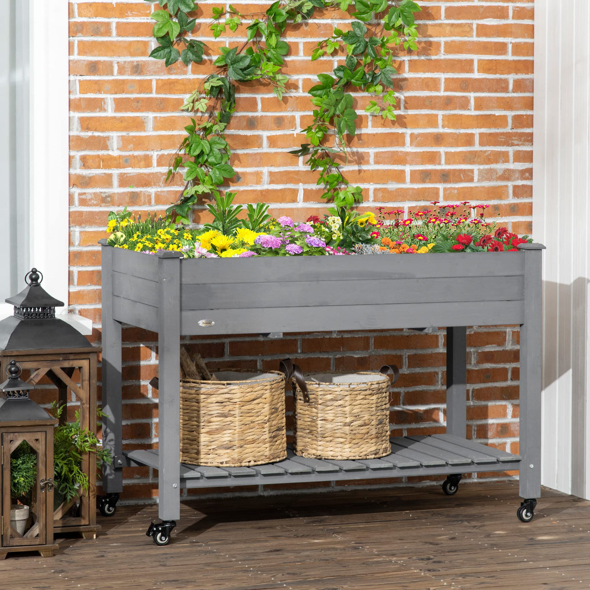Outsunny Raised Garden Bed, 47" x 22" x 33", Elevated Wooden Planter Box w/Lockable Wheels, Storage Shelf, and Bed Liner for Backyard, Patio, Dark Gray Outsunny