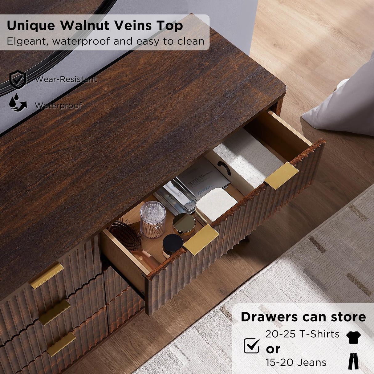 T4TREAM Fluted 6 Drawers Dresser, 54" Wide Modern Chest of Drawers, Curved Profile Design, Dresser TV Stand, Wood Drawer Organizer for Bedroom, Living Room, Hallway, Dark Walnut T4TREAM