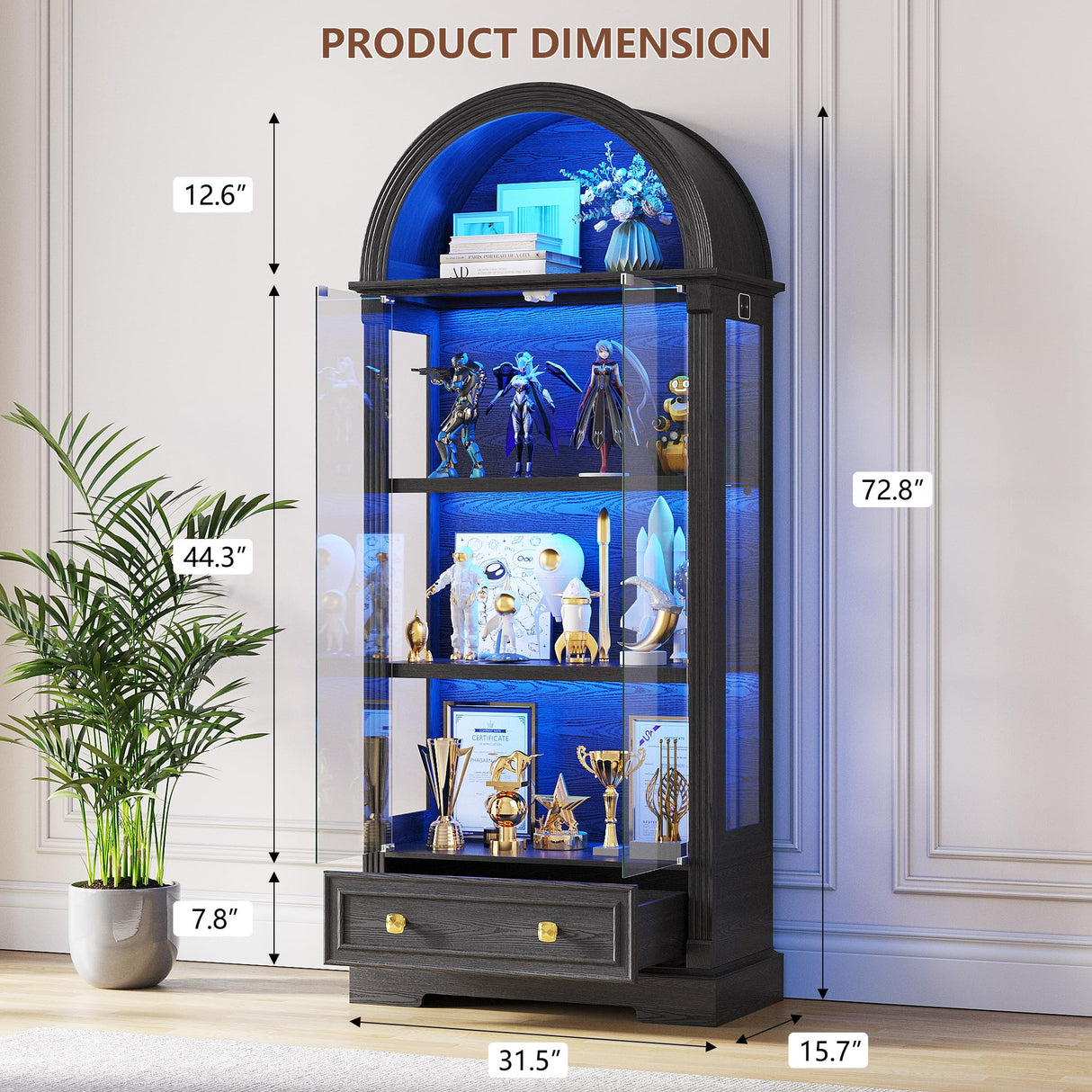 Black Curio Cabinet with Glass Doors, 72" Tall Arched Display Cabinet with Human Sensor Lights, 4-Tier Display Case for Collectibles Bookcase Living Room Dystler