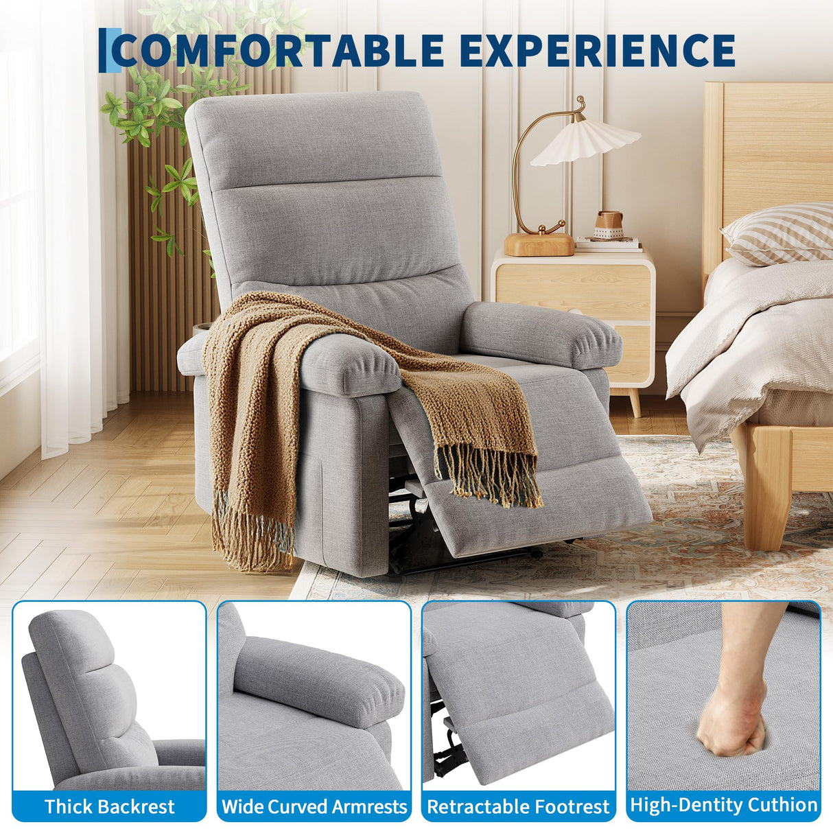 Garvee Recliner Chair for Adults, Manual Fabric Recliner with Side Pocket, Adjustable Single Sofa with Ergonomic Back Support, for Living Room, Nursery, Bedroom, Grey Garvee