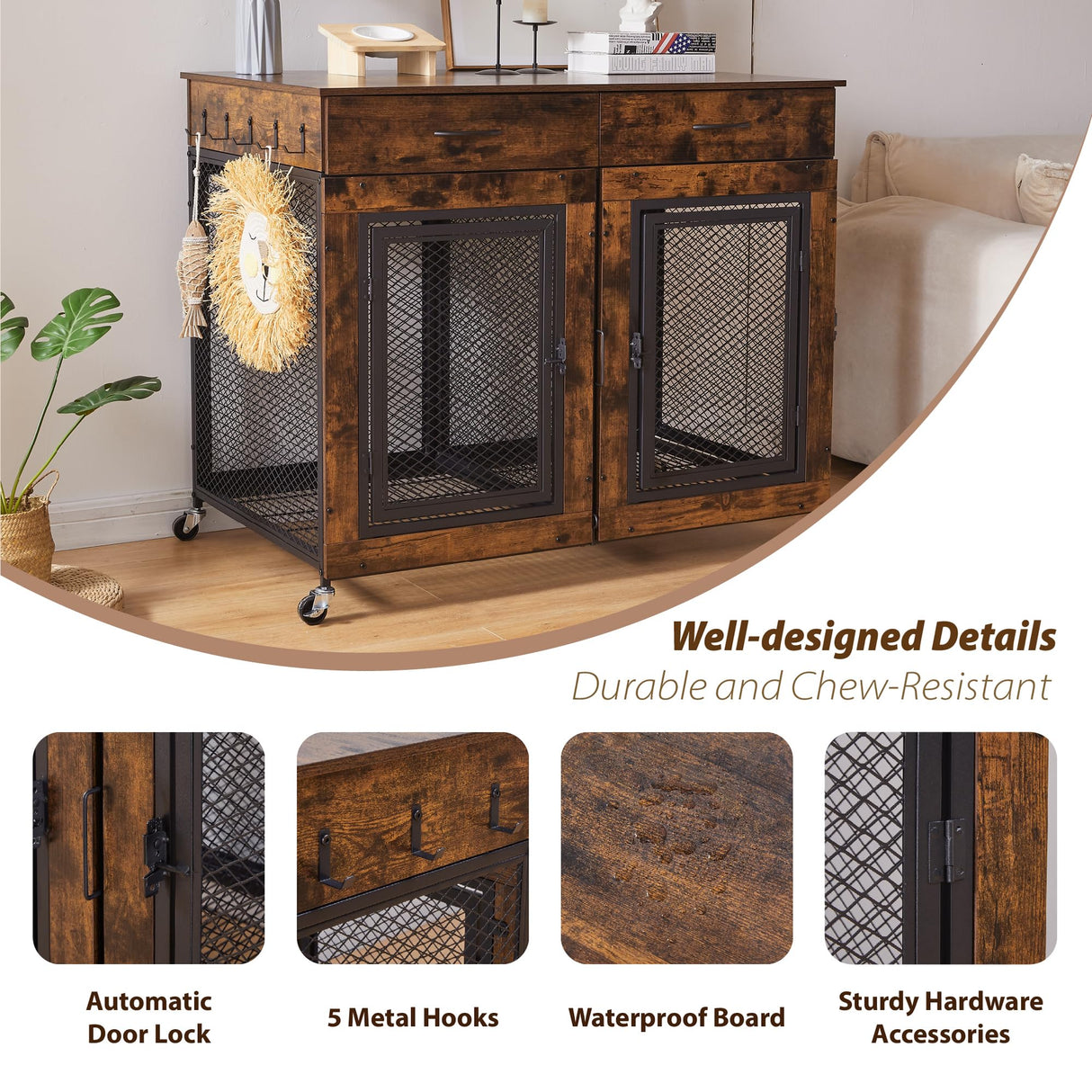 43" Large Dog Crate Furniture, Wood Dog Kennel End Table with Drawers, Decorative Pet Crate with Removable Partitions & Wheels, Dog House Indoor for Large/Medium/Small Dogs Sunnibety