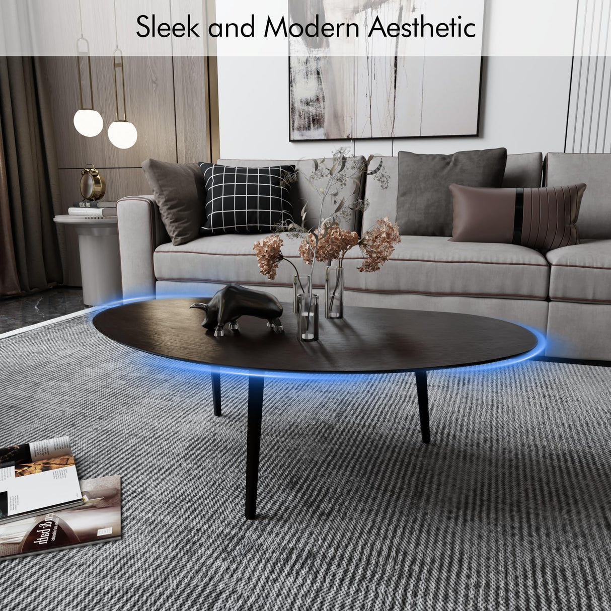 XINNAN Small Oval Coffee Table Mid Century Modern for Living Room, Center Table,Solid Wood Coffee Table,Nature Wood (Black, 18.9" D x 33.85" W 12.4" H) XINNAN