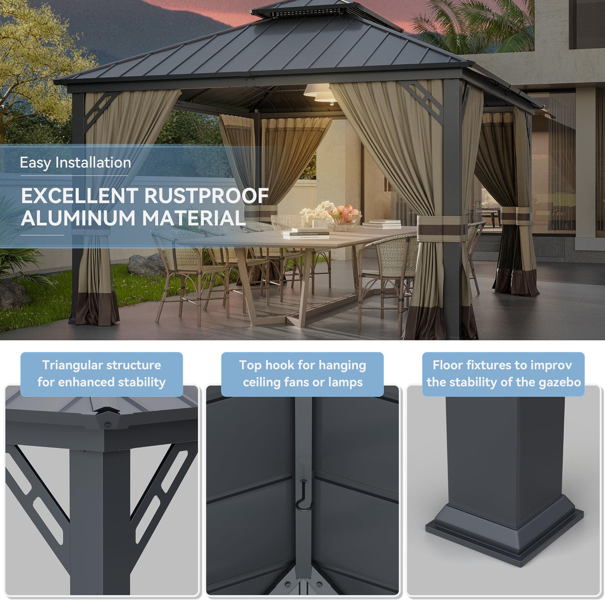 Kurapika 12' x 14' Hardtop Gazebo, Outdoor Metal Gazebo with Galvanized Steel Double Roof Canopy, Curtain and Netting, Aluminum Permanent Pavilion Gazebo for Patio, Backyard, Lawn, Sand Kurapika