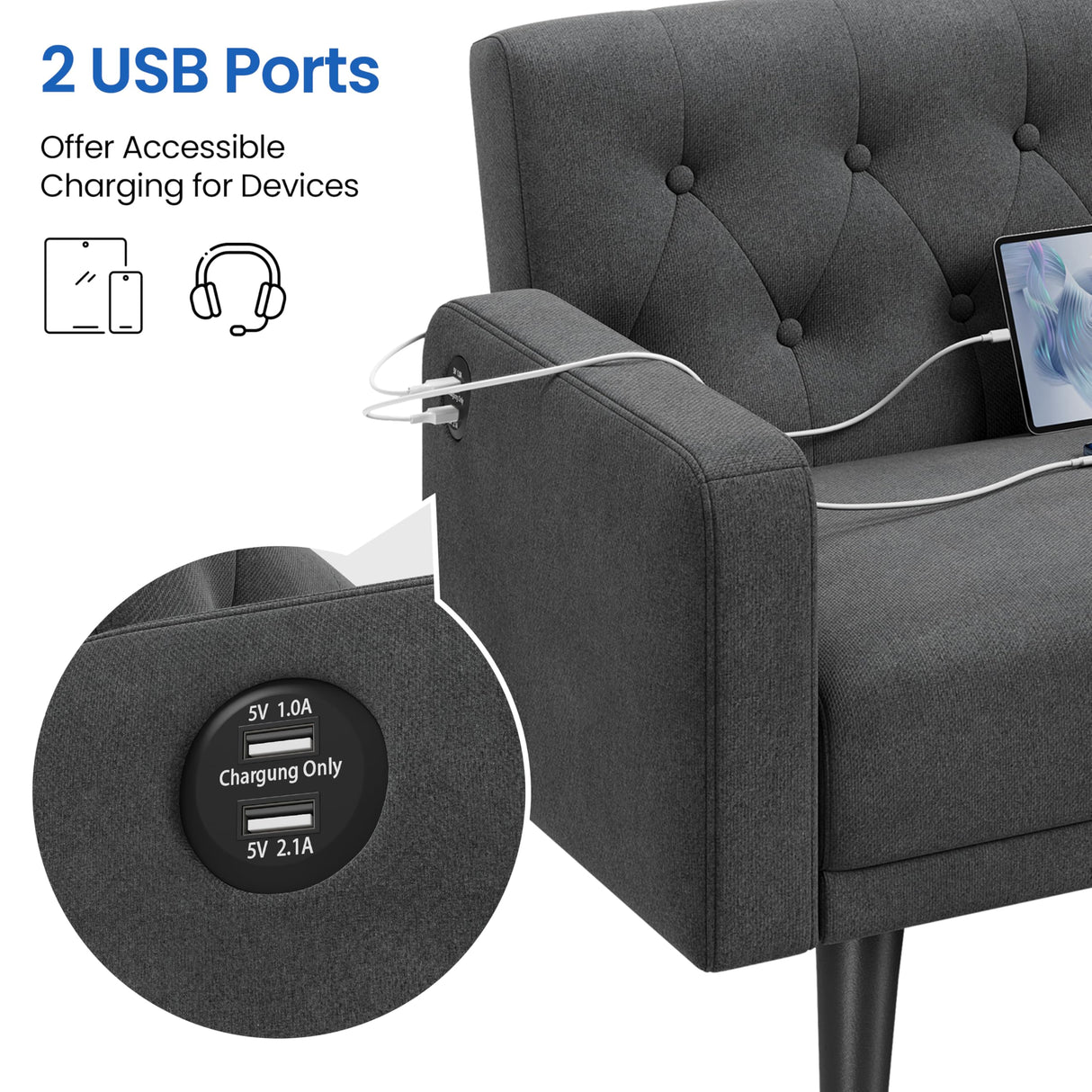 Yaheetech 63" Convertible Couch Small Futon Sofa Bed with 2 USB Ports, Reclining Backrest & Removable Armrests, Mid Century Modern Loveseat for Living Room, Apartment, Office, Dark Gray Yaheetech