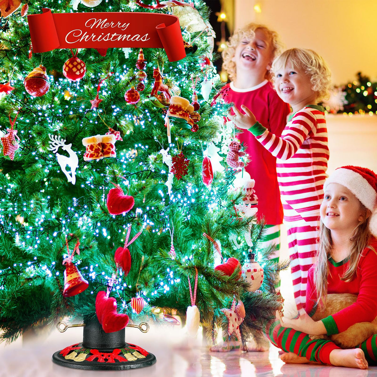 Huwena Christmas Tree Stand for Live Trees, Real Xmas Tree Holder Base Cast Iron, Supports up to 8ft, 4-Inch Diameter, 120lb Weight Capacity for Christmas Rustic Decoration (Bell, Bow Style) Huwena