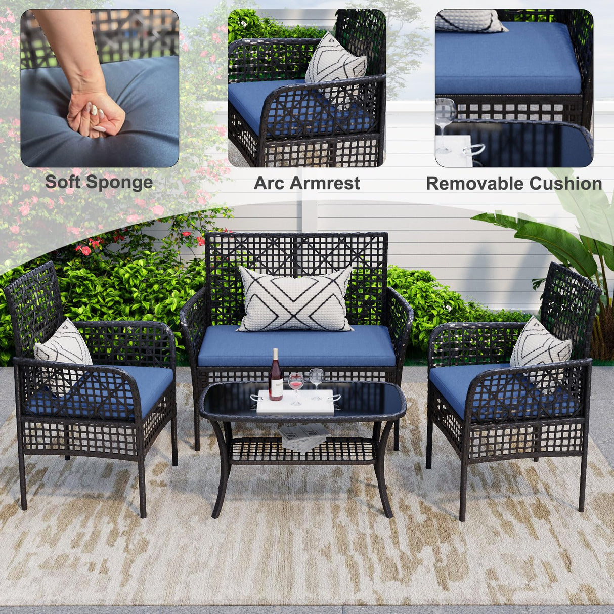 HLNPTN 4 Pieces Outdoor Patio Furniture Set, PE Rattan Chairs Wicker Furniture with Coffee Glass Table and Soft Cushions, Outdoor Seating Conversation Set for Lawn, Porch, Garden (Blue) HLNPTN