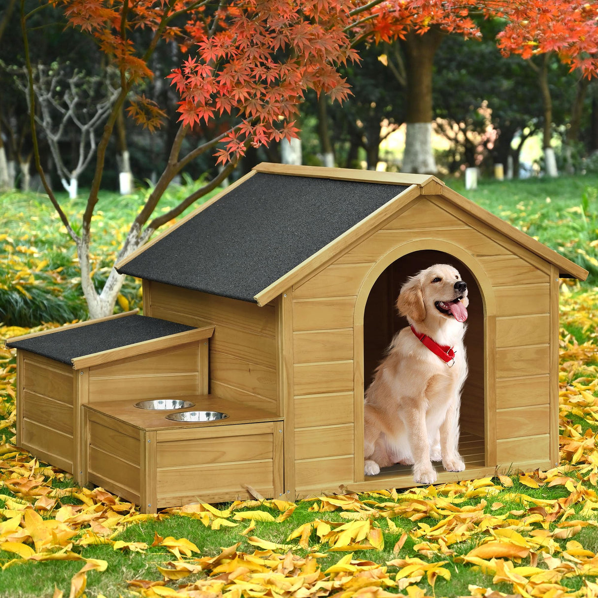 Large Dog House Outdoor, Wood Dog House with Feeding Bowls and Storage Box, Waterproof Roof Doghouse Suitable for Medium Large Dogs - 51.18" L x 43.7" W x 37" H Runave