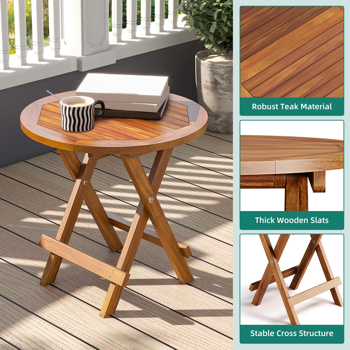YITAHOME Teak Wood Outdoor Side Table, Patio Folding Round End Table with Metal Buckles and X-Frame, Outdoor Bistro Table Ideal for Backyard Patio Garden Living Room Kitchen, Easy to Carry YITAHOME