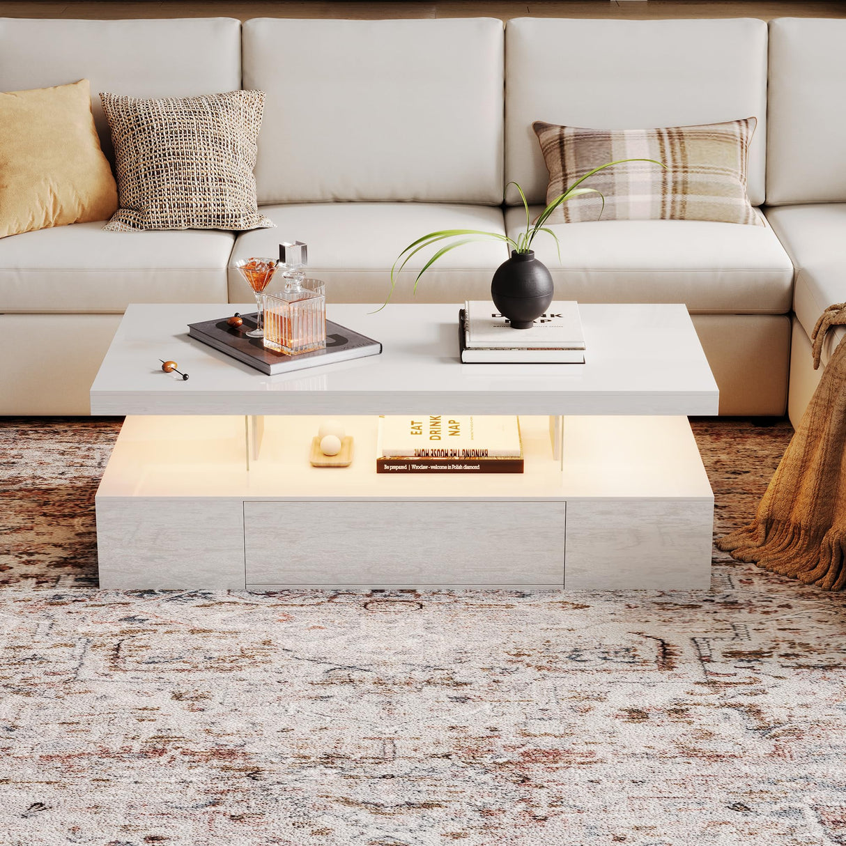 ChooChoo Modern LED Coffee Table, High Glossy Coffee Table with Drawer, Coffee Table with Storage for Living Room, Bedroom, White ChooChoo