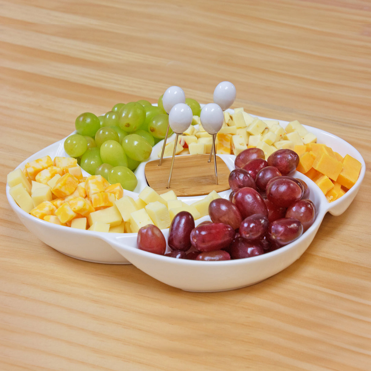 MyGift Decorative White Ceramic Charcuterie Platter Appetizer Olive Bowl Serving Tray with Food Picks and Wood Holder MyGift