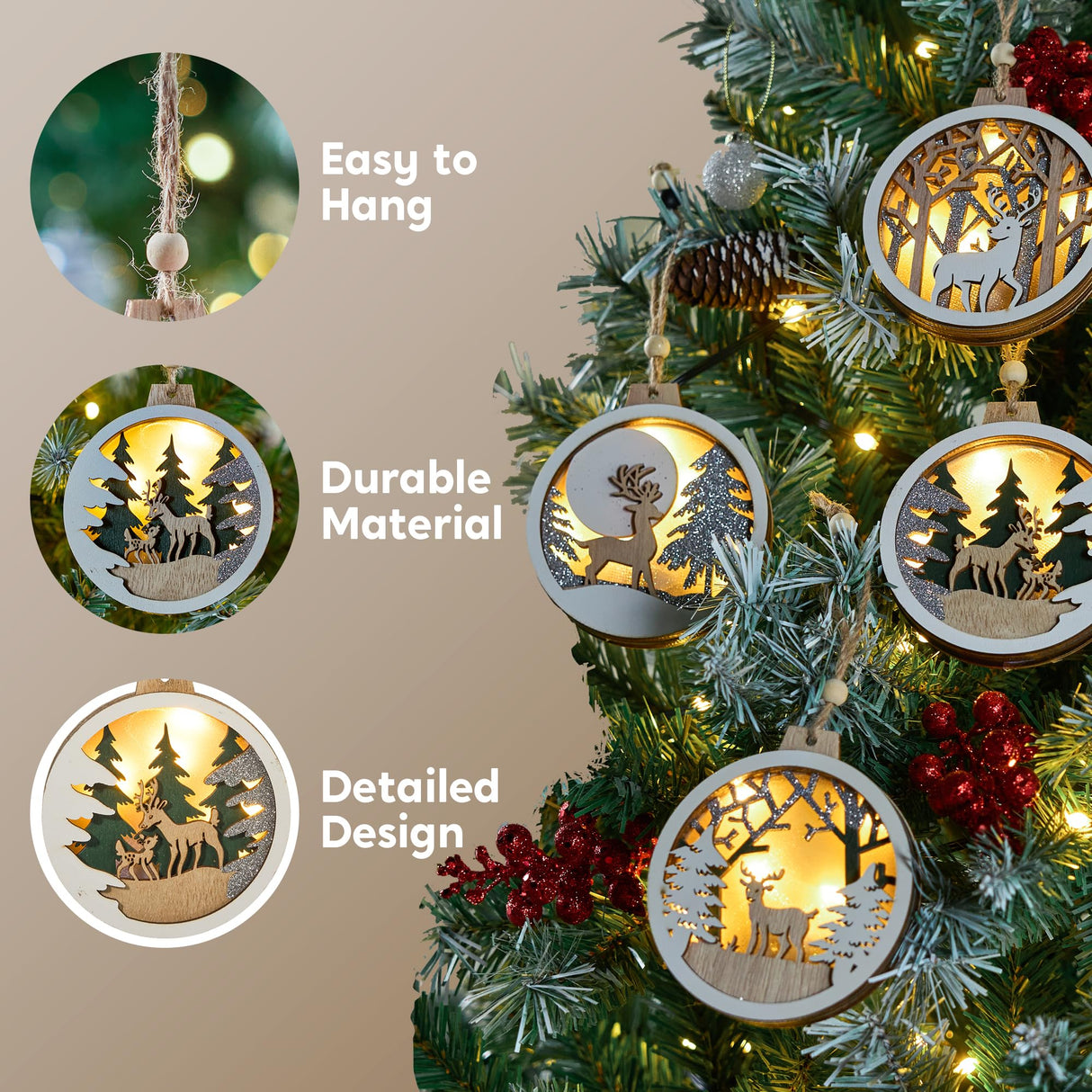 Joiedomi 6 Pcs LED Christmas Hanging Wooden Reindeer Ornaments, Christmas Light Up Ornament for Christmas Tree Decoration, Xmas Lighted Pretty Ornament, Presents, Party Supplies Decorations Joiedomi