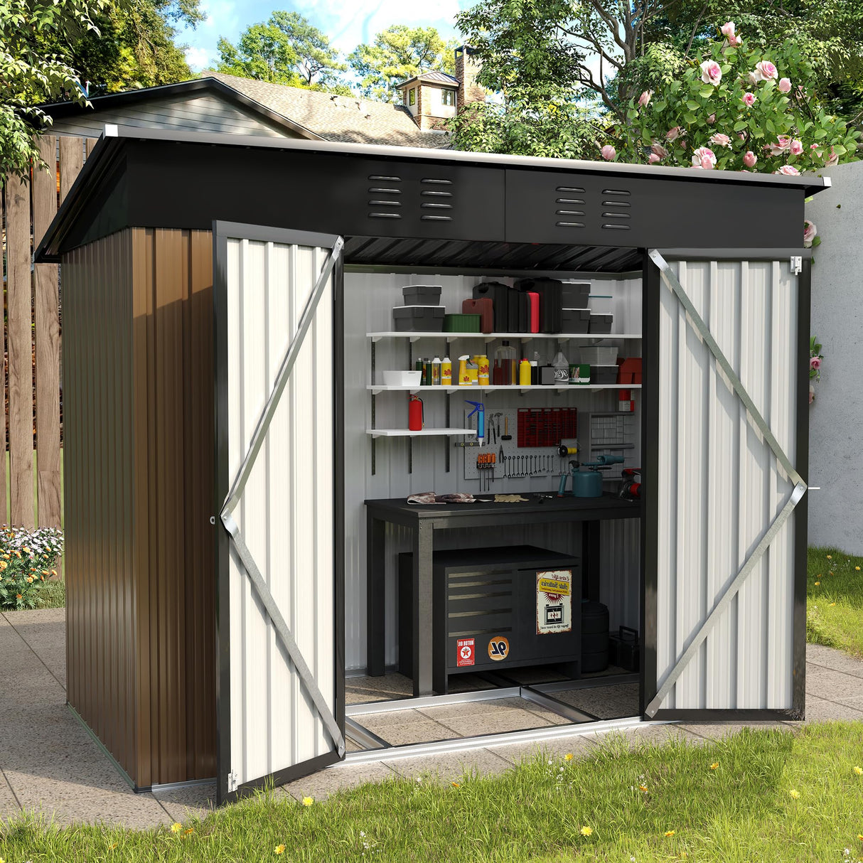 UDPATIO Outdoor Storage Shed 8x4 FT, Outside Sheds & Outdoor Storage Metal Galvanized Steel Yard, Patio, Lawn, Tool Shed with Lockable Door for Can, Bike, Lawnmower, Generator,Brown UDPATIO