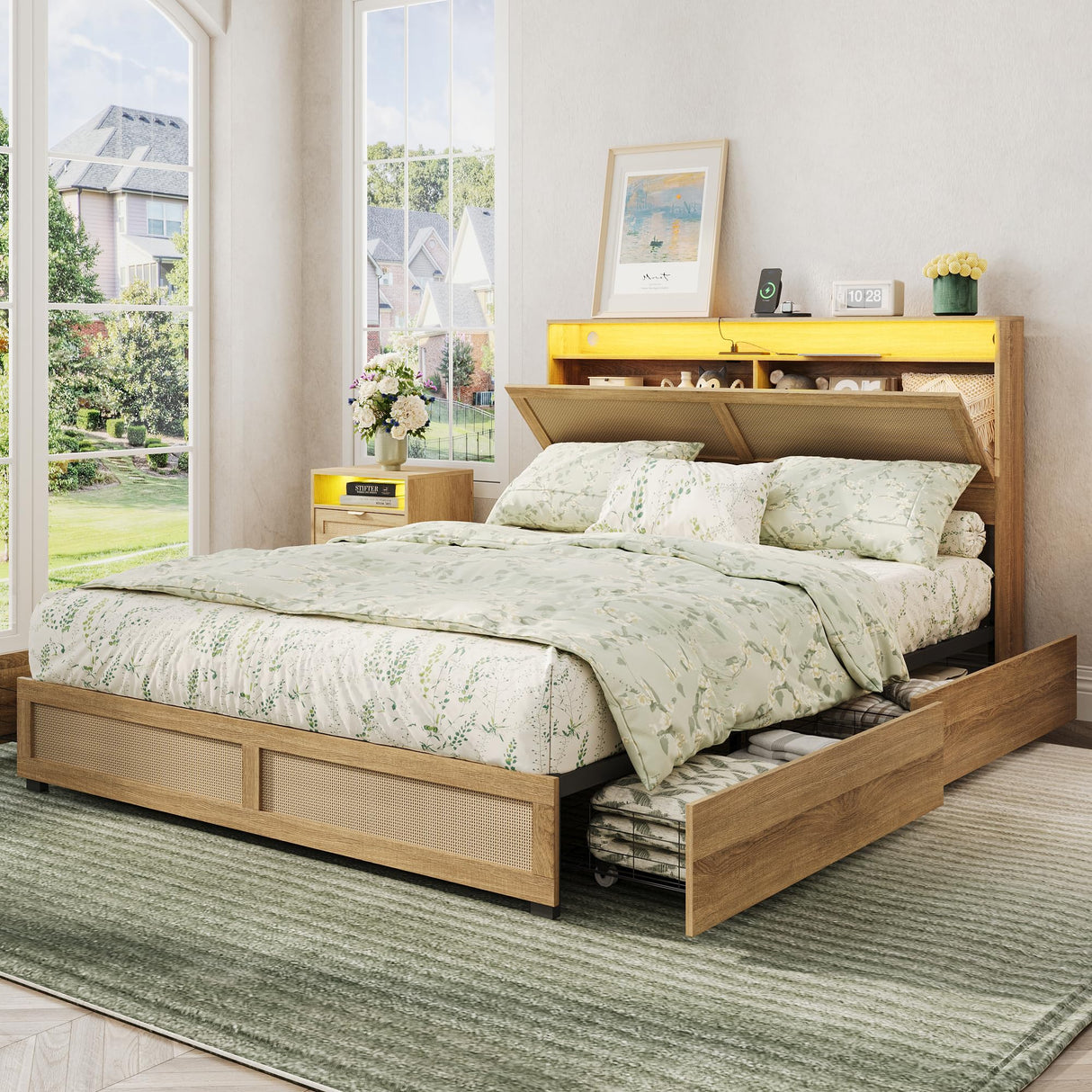 Maupvit Full Size Boho Bed Frame with Rattan Hidden Storage Headboard, LED Light and 4 Drawers, Charging Station, Metal Platform Bed, No Box Spring Needed,Brown Maupvit