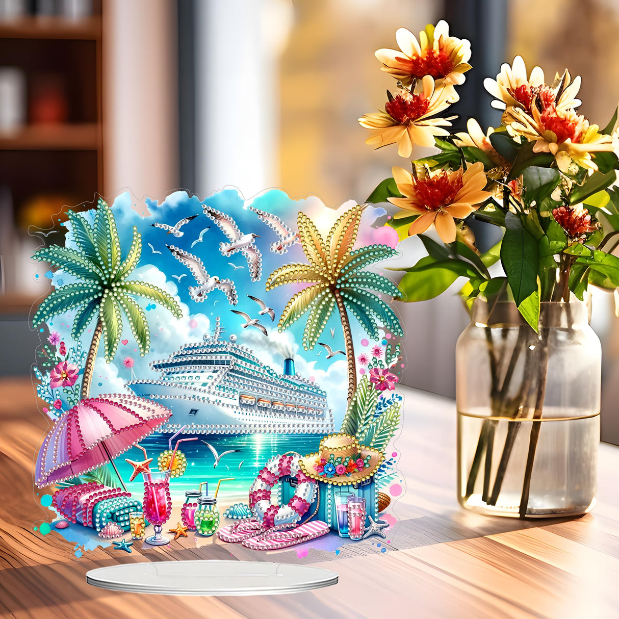 JJFox DIY Tabletop Diamond Art Painting Kit,Double Sided Desktop Ornament Special Shaped Rhinestone Desk Placement Ornament,Home Stand Up 5D Gem Painting Craft Kit,Gift (Summer Beach) JJFox